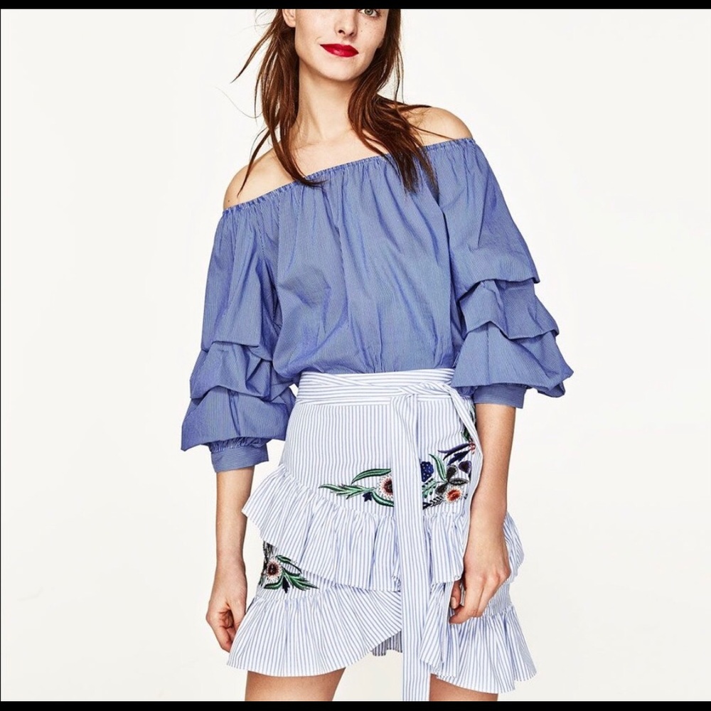 ZARA woman ruffled pinstriped embroidered skirt XS